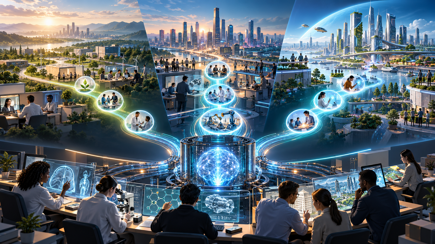 Original TBN Grow illustration of three economic paths as people use AI in research, engineering, healthcare and business. It is not an official Anthropic forecast chart.