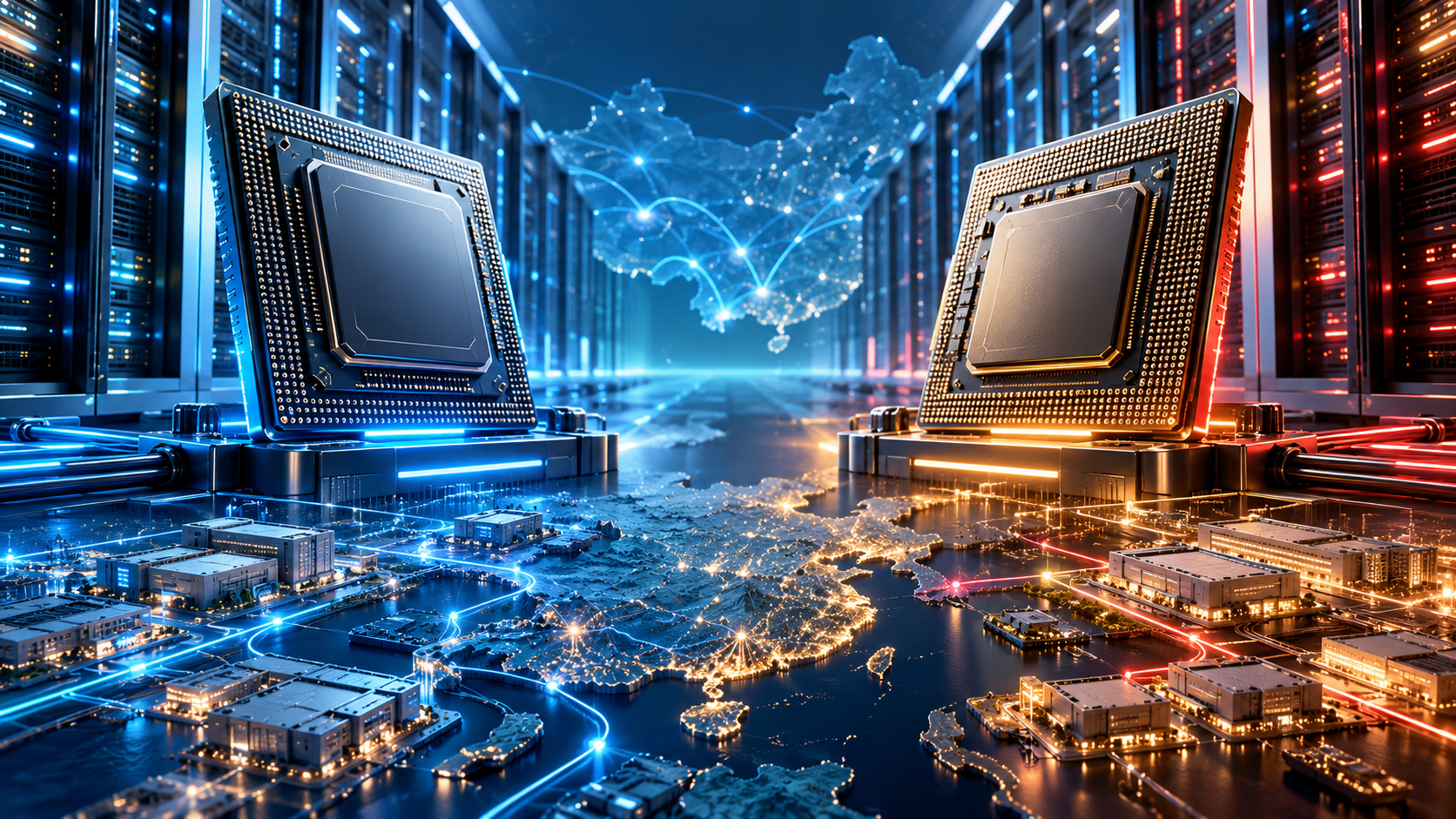 Original TBN Grow illustration of two competing AI accelerator ecosystems in a data center. It is not a photograph of Nvidia or Huawei products.