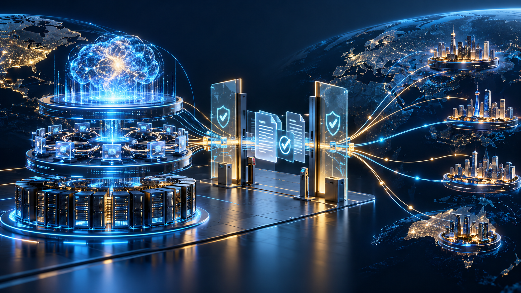 Original TBN Grow illustration of an AI model, agent network and computing cluster passing through a technology-transfer checkpoint. It is not a photograph of a government office or event.