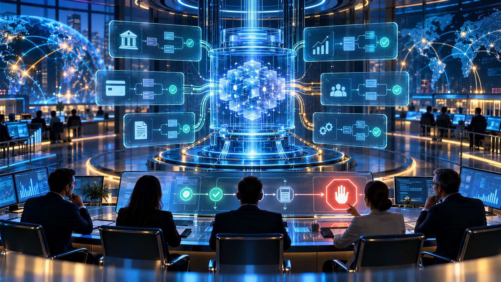 Original TBN Grow illustration of financial AI agents governed through approval gates, audit logs and human-controlled stop mechanisms. It is not a photograph of an FSB event.