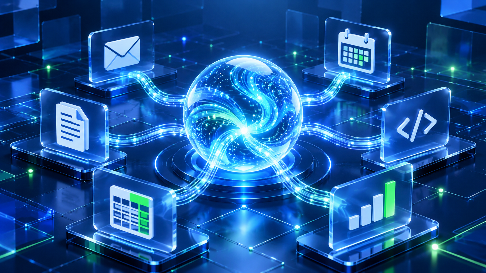 Original TBN Grow illustration of an AI agent coordinating email, documents, calendars, spreadsheets and code. It is not a Google product screenshot.
