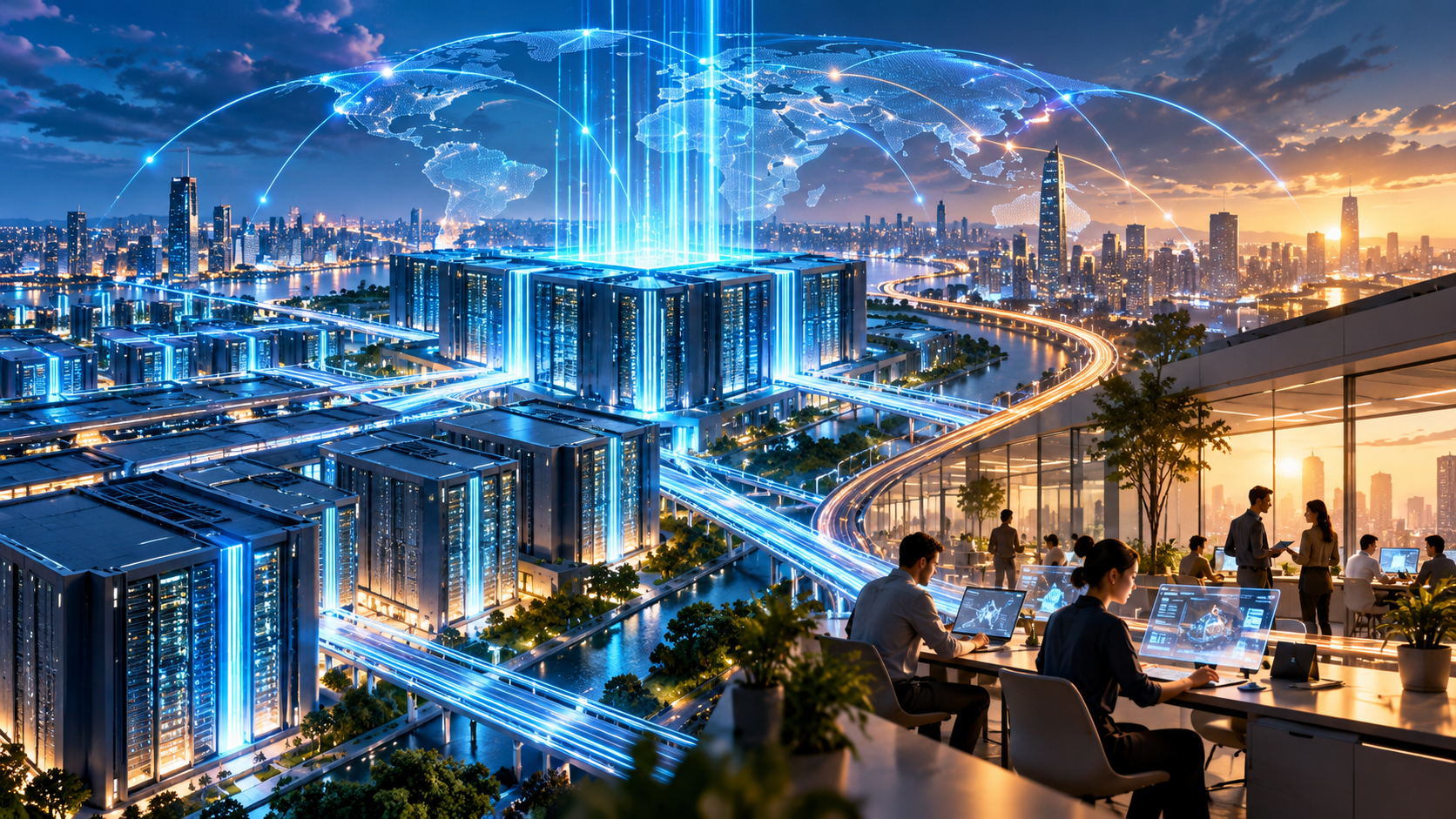 Original TBN Grow illustration connecting AI infrastructure, economic growth and changing work. It is not a photograph of an IMF event.