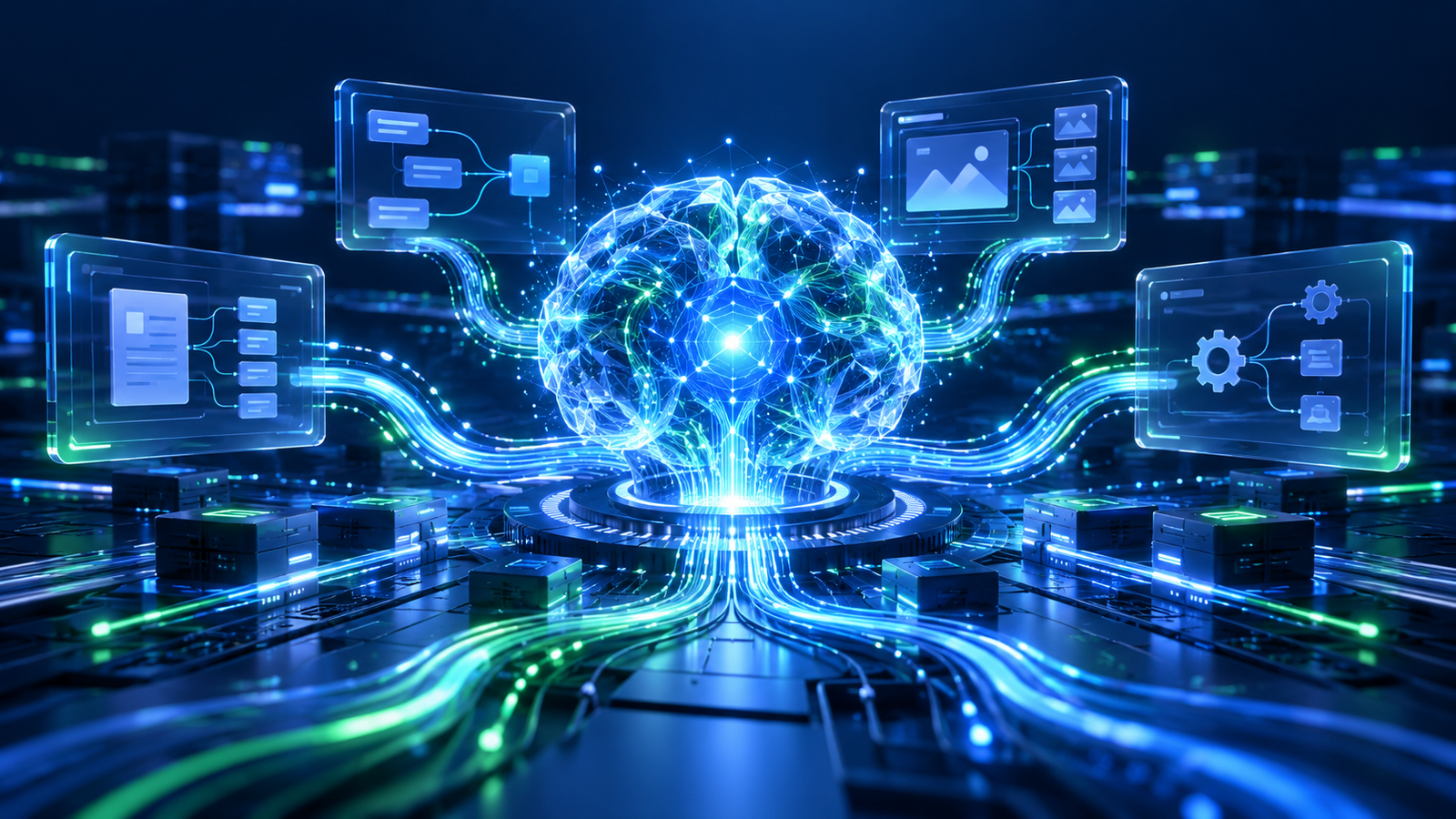 Original TBN Grow illustration of an AI agent model connecting multiple software workflows; not an official MiniMax image or interface.